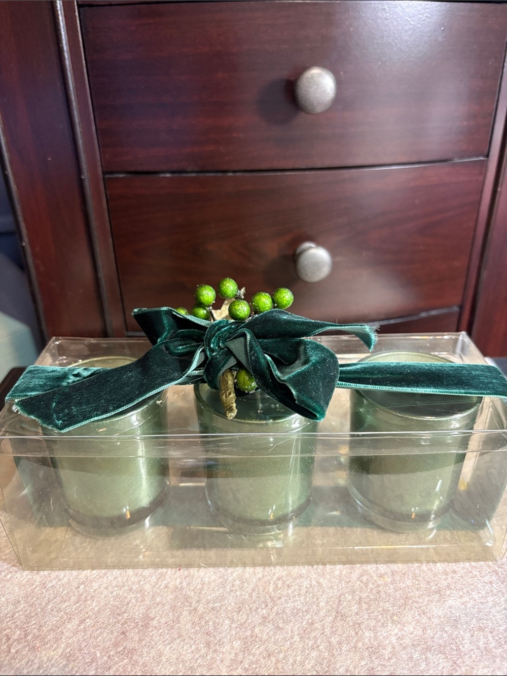 Green Velvet Ribbon Holiday Votive Candle Set